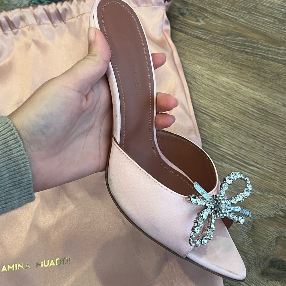 Amina Muaddi Pink Satin Crystal Bow Mules - Picture 6 of 11